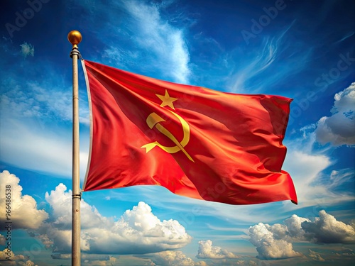 Vintage red flag with golden hammer and sickle emblem waving proudly in the wind, symbolizing communism and Soviet Union's rich historical heritage. photo