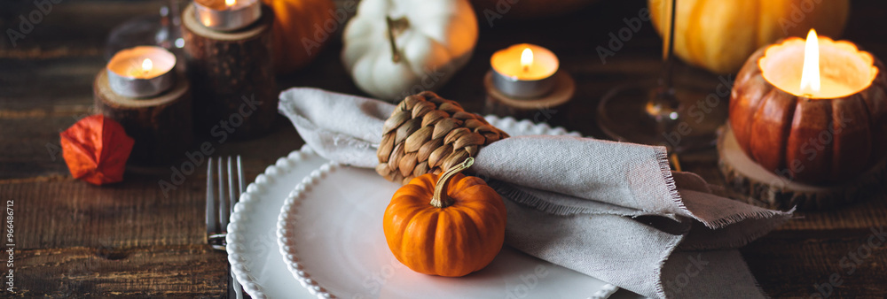 Fall table decoration with pumpkins, wine. Family cozy thanksgiving dinner arrangement indoors at home, wedding elegant decor. Countryside style, simple handmade setting, autumn mood banner Fall table decoration with pumpkins, wine. Family cozy thanksgiving dinner arrangement indoors at home, wedding elegant decor. Countryside style, simple handmade setting, autumn mood banner