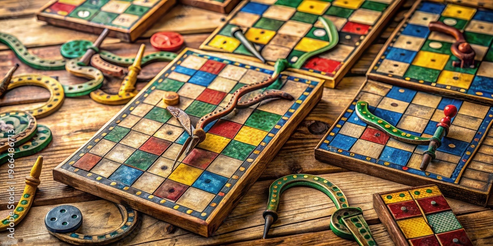 Vintage wooden board game pieces scattered on a worn, folded game board ...