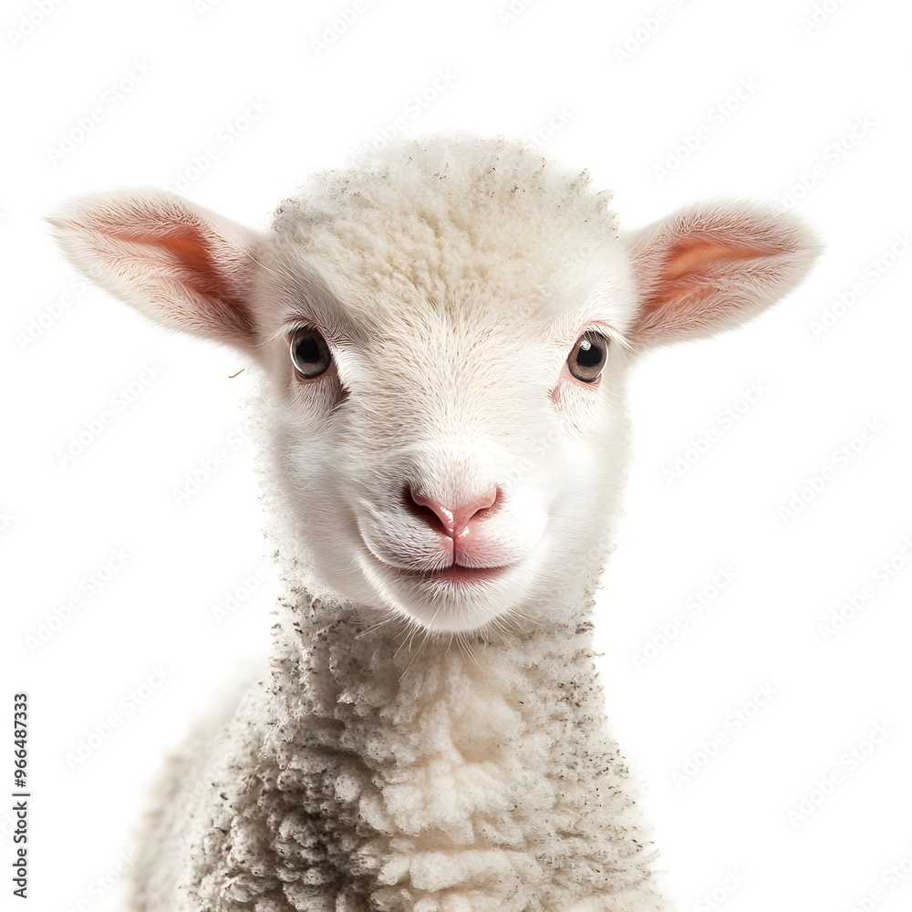 Fototapeta premium Cute baby lamb in close-up, isolated against a white backdrop