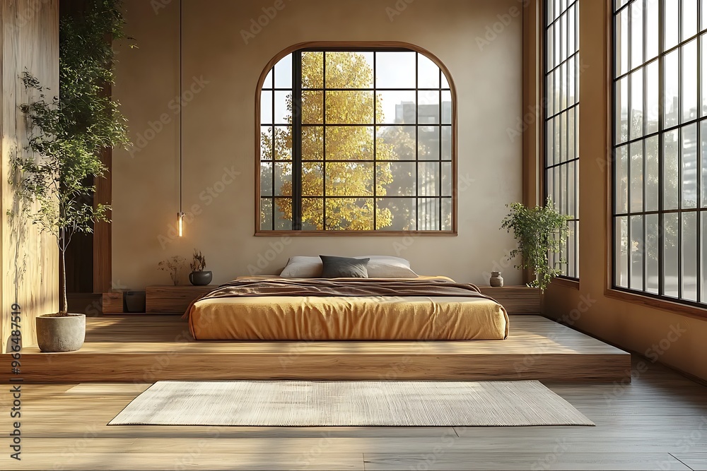 A minimalist bedroom with a low bed and large windows, bathed in soft natural light. A minimalist bedroom with a low bed and large windows, bathed in soft natural light.