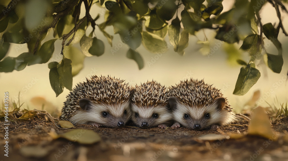 Obraz premium Little hedgehogs huddle close for warmth under a low-hanging bush.