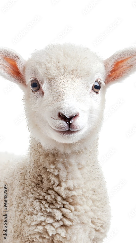 Baby lamb depicted in a cute portrait, set against white background Baby lamb depicted in a cute portrait, set against white background
