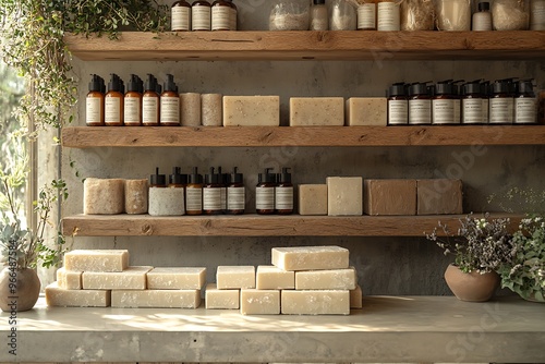 Eco-friendly soaps and cosmetics displayed on minimal wooden shelves.