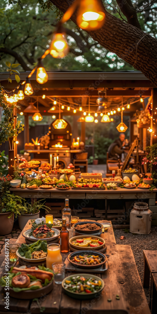 A long table with many plates of food on it under a tree A long table with many plates of food on it under a tree