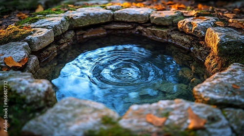 A stone well with clear water and a ripple in the center. photo
