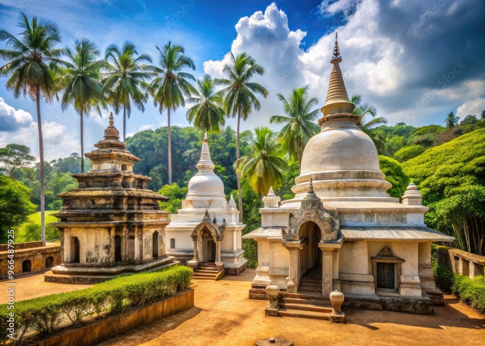 Wide-Angle View Of A Traditional Sri Lankan Temple With Ornate Stupas, Arched Gateways, And Tropical Foliage In The Foreground Wide-Angle View Of A Traditional Sri Lankan Temple With Ornate Stupas, Arched Gateways, And Tropical Foliage In The Foreground
