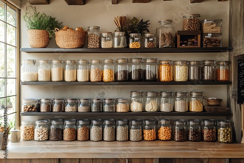 A minimalist pantry with glass jars and metal containers filled with bulk goods.