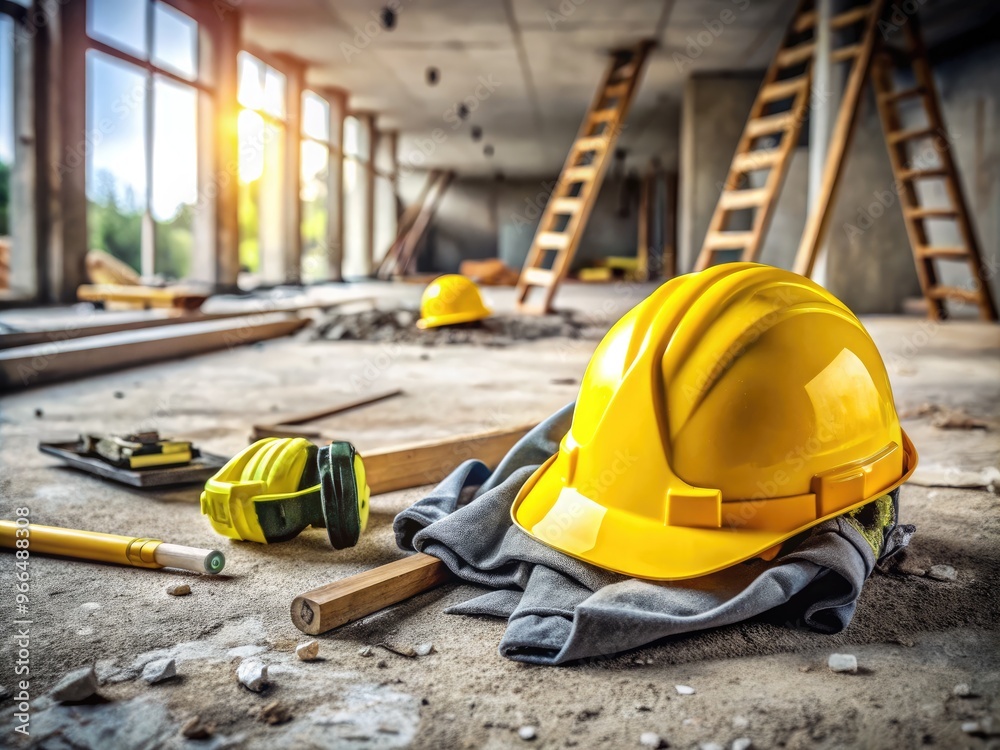 Yellow hard hat and safety vest on a concrete floor amidst construction tools and debris, emphasizing importance of protective gear on the job site. Yellow hard hat and safety vest on a concrete floor amidst construction tools and debris, emphasizing importance of protective gear on the job site.