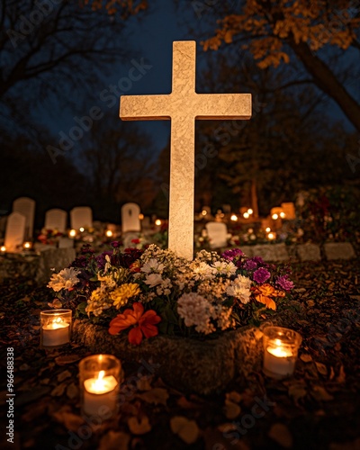 cross in the cemetery on All Saints Day photo