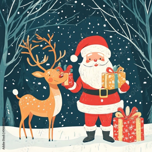 santa and reindeer holding christmas gifts in winter snowy landscape