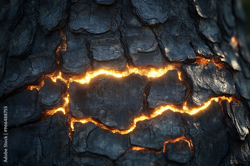 Fototapeta premium Close-up of tree bark illuminated by sunlight, highlighting its texture.