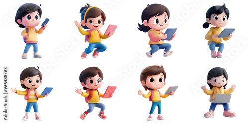 Set of animation character using tablet and phone png mockup in 3d without background for decoration.