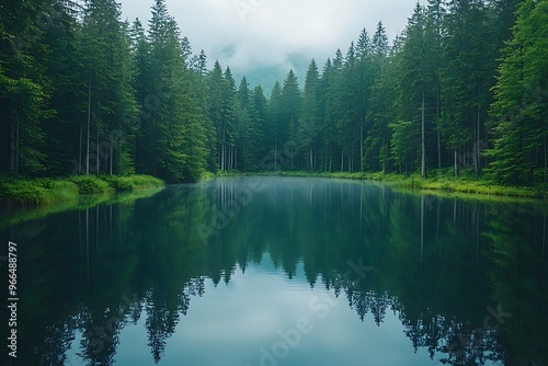 A tranquil forest lake perfectly reflects lush green trees and a serene sky.