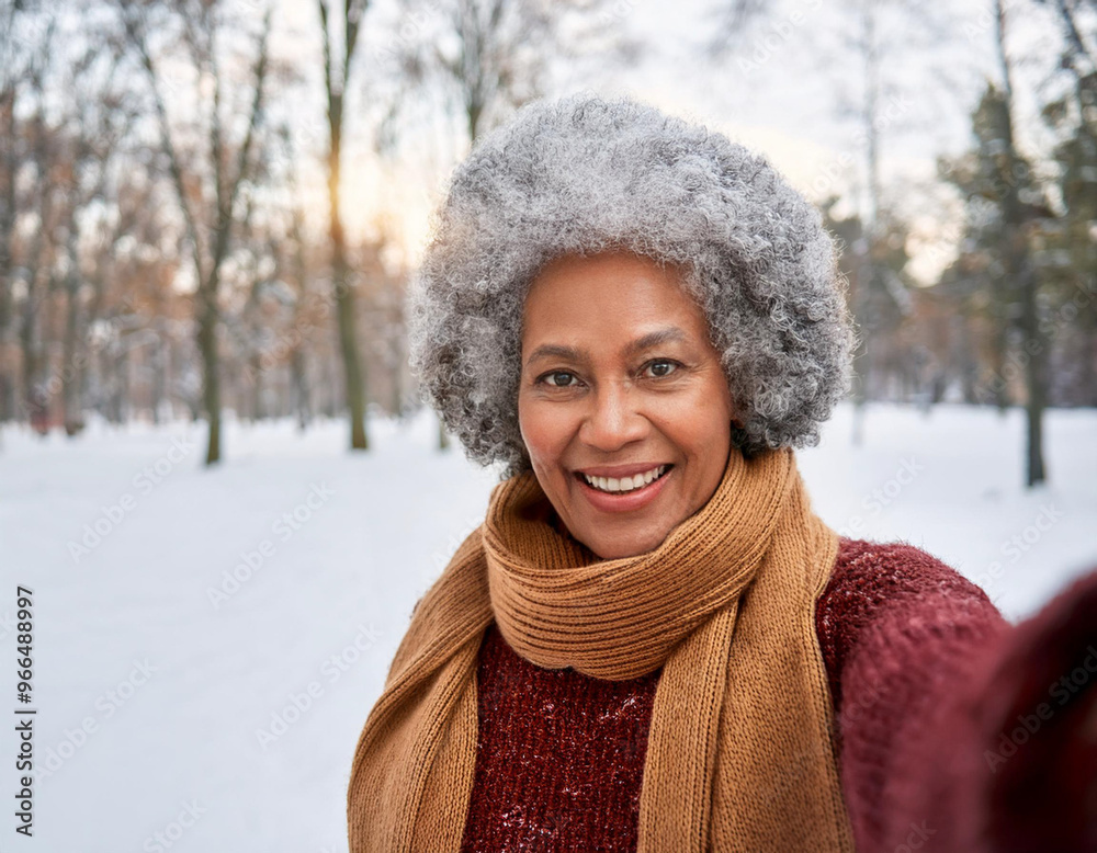 Portrait of Beautiful Happy Black Woman Outdoors in Park During Winter Taking Selfie Portrait of Beautiful Happy Black Woman Outdoors in Park During Winter Taking Selfie
