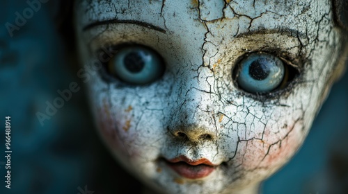 A close-up of a vintage doll's face with cracked paint and large, expressive eyes.