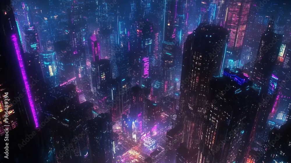 Obraz premium A Nighttime View of a Futuristic Cityscape with Neon Lights