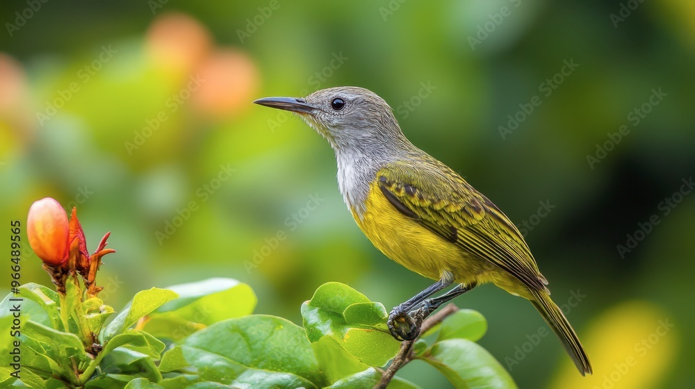 Colorful bird perched on tree branch surrounded by lush green foliage Colorful bird perched on tree branch surrounded by lush green foliage