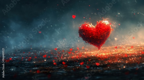 Love red heart red petal heart floating in soft light, a visual metaphor for love and connection, perfect for commercial purposes. Love red heart background with red hearts, concept love commercial