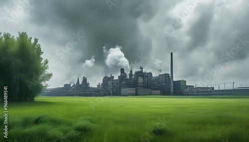 Gloomy industrial landscape with a field of green grass beneath an overcast sky