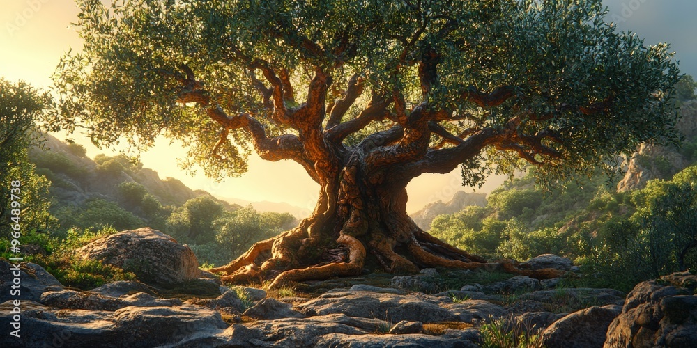 Grand Tree of Life with Animal Carvings and Waterfall