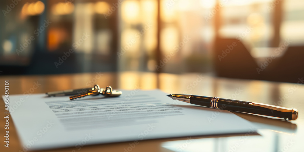 Close-up of a real estate contract, house keys, and a pen on a table in a sunlit room, symbolizing property purchase or signing.
Close-up of a real estate contract, house keys, and a pen on a table in a sunlit room, symbolizing property purchase or signing.