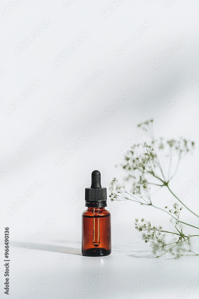 Amber dropper bottle with delicate flowers on white background. Amber dropper bottle with delicate flowers on white background.
