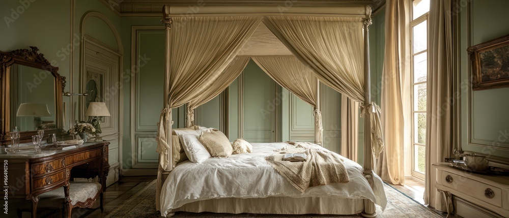 A Canopy Bed in a Green and White Bedroom A Canopy Bed in a Green and White Bedroom