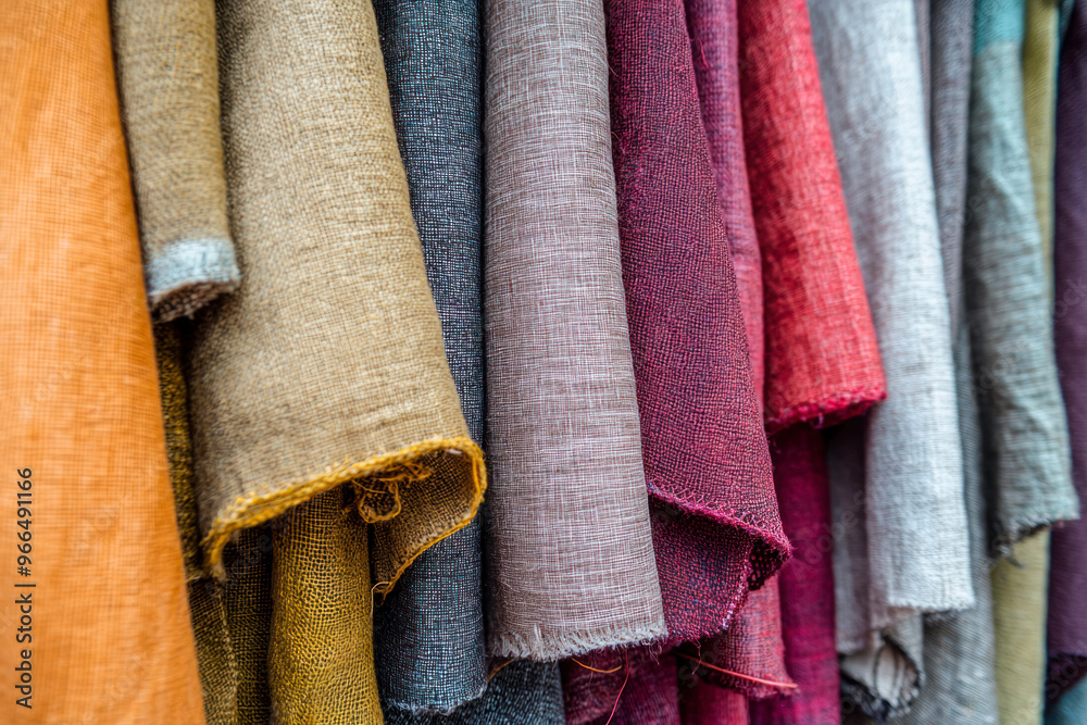 Detailed close up view on samples of cloth and fabrics in different colors found at a fabrics market.