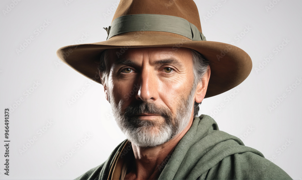 A man with a gray beard and brown hat looks directly at the camera A man with a gray beard and brown hat looks directly at the camera