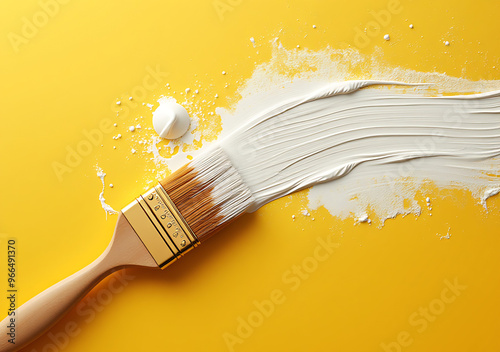 Mock-up image of a paintbrush with white paint on a yellow background. photo