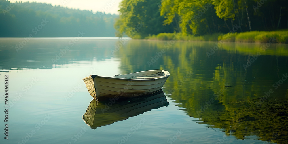 Lonely Rowboat on a Calm Lake at Sunrise, Serene Rowboat Reflection on Tranquil Water Lonely Rowboat on a Calm Lake at Sunrise, Serene Rowboat Reflection on Tranquil Water