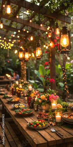 A long wooden table with a bunch of plates of food on it