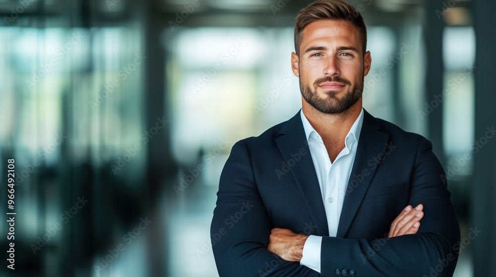 Business man in a corporate office with a focused expression, arms folded, professional suit, leadership role, business strategy, commercial use, office work, business professional, modern workspace Business man in a corporate office with a focused expression, arms folded, professional suit, leadership role, business strategy, commercial use, office work, business professional, modern workspace