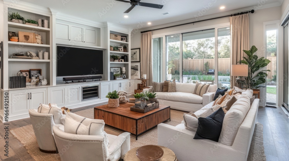 Fototapeta premium Modern Living Room with White Furnishings and Large Windows