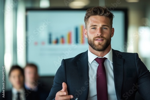 Professional business man giving a presentation with data charts, pointing at key figures, confident and smiling, corporate environment, business man, commercial use, leadership and business success