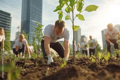 A group of people planting trees in an urban area as part of a climate change initiative, with modern green buildings in the background, highlighting sustainability and environmental activism photo