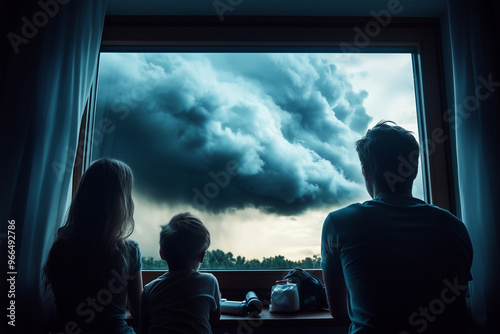 Family of three watches dark storm clouds approach through a large window, calmly preparing with an emergency kit and flashlights nearby, symbolizing resilience and readiness against natural disaster