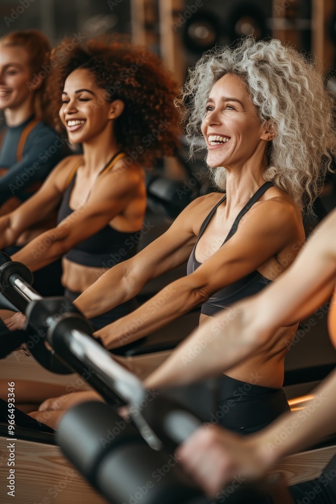 Group of Diverse, Fit Women in Activewear Enjoying an Engaging Rowing Workout at a Modern Gym Group of Diverse, Fit Women in Activewear Enjoying an Engaging Rowing Workout at a Modern Gym