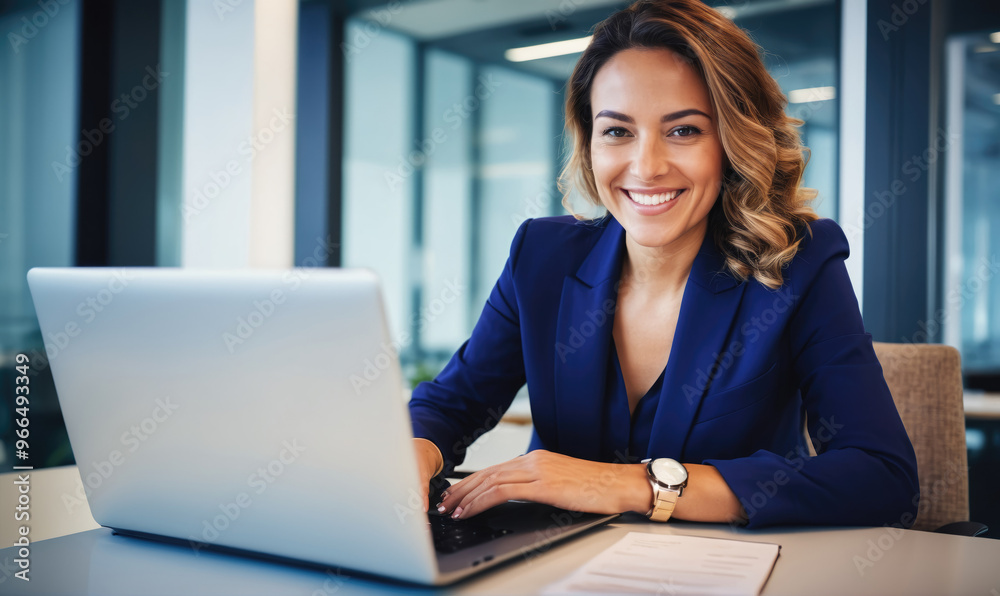 A businesswoman smiles while working on her laptop at her desk in a modern office A businesswoman smiles while working on her laptop at her desk in a modern office