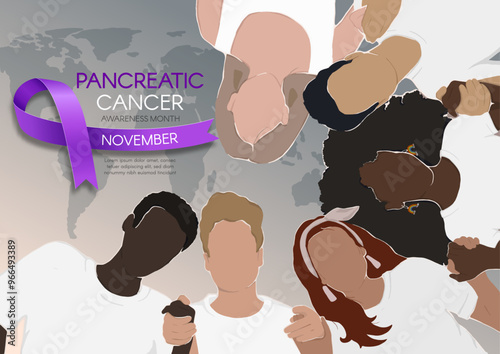 Pancreatic Cancer Awareness Month. Horizontal banner with a purple ribbon, space for text, and diverse people holding hands. Vector flat illustration.