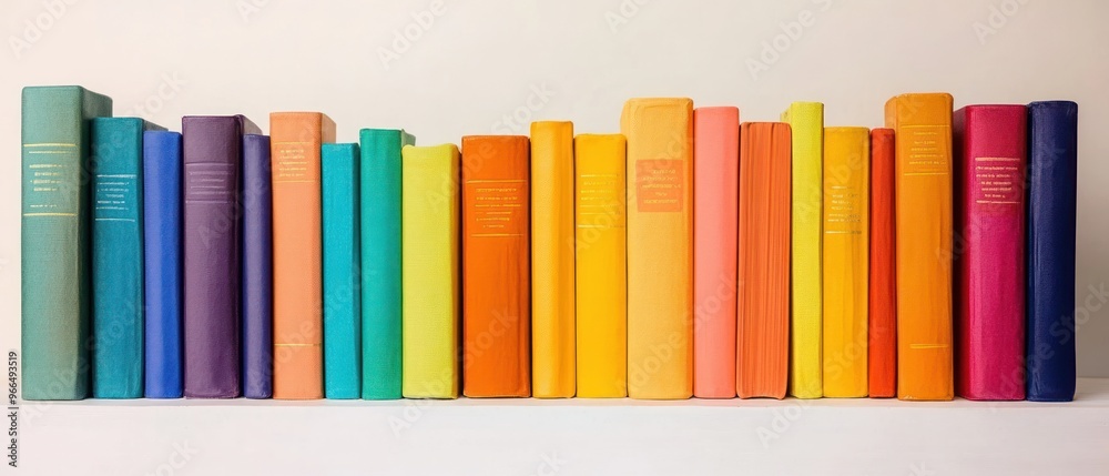 Row of Colorful Books on a White Shelf Row of Colorful Books on a White Shelf