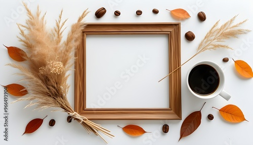 Autumn-inspired flat lay with a photo frame, beige reeds bouquet, and a comforting cup of coffee on a white background, perfect for seasonal creativity and warmth. photo