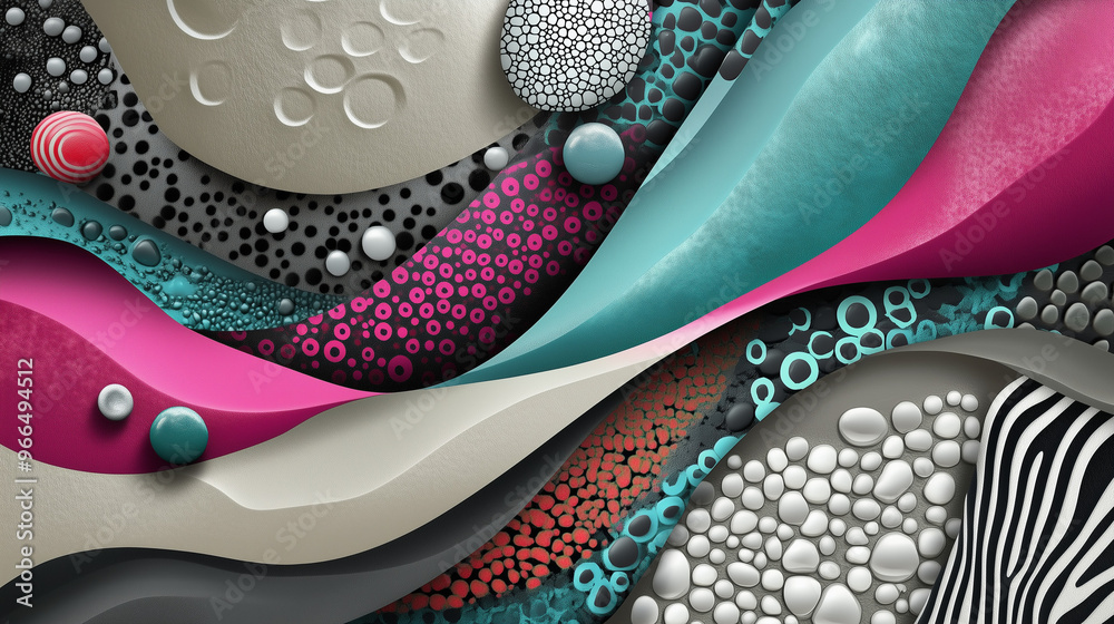 Textured abstract art with flowing curves and circular patterns in pink, teal, and grey Textured abstract art with flowing curves and circular patterns in pink, teal, and grey
