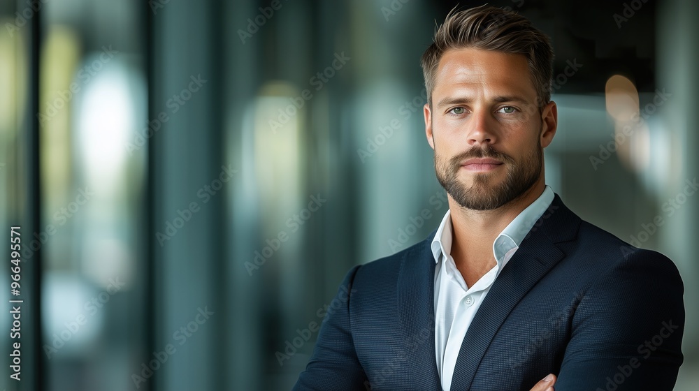 business man portrait, suited in formal business attire, standing in an office setting, arms crossed, looking determined, commercial use, office leadership, business expertise, corporate world