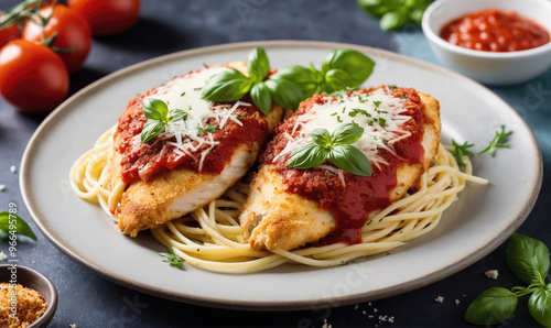 Two chicken parmesan dishes served on a bed of spaghetti with a side of marinara sauce