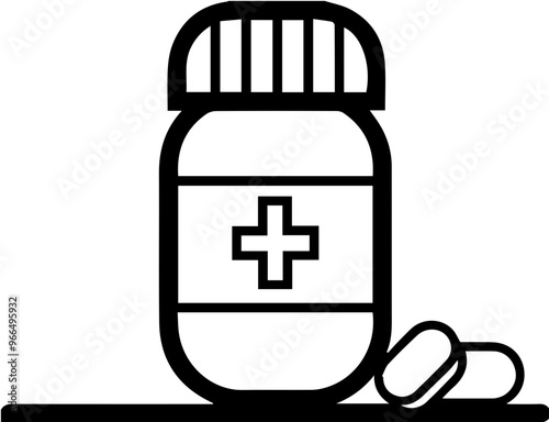 Black and white icons representing medicine bottles and pills