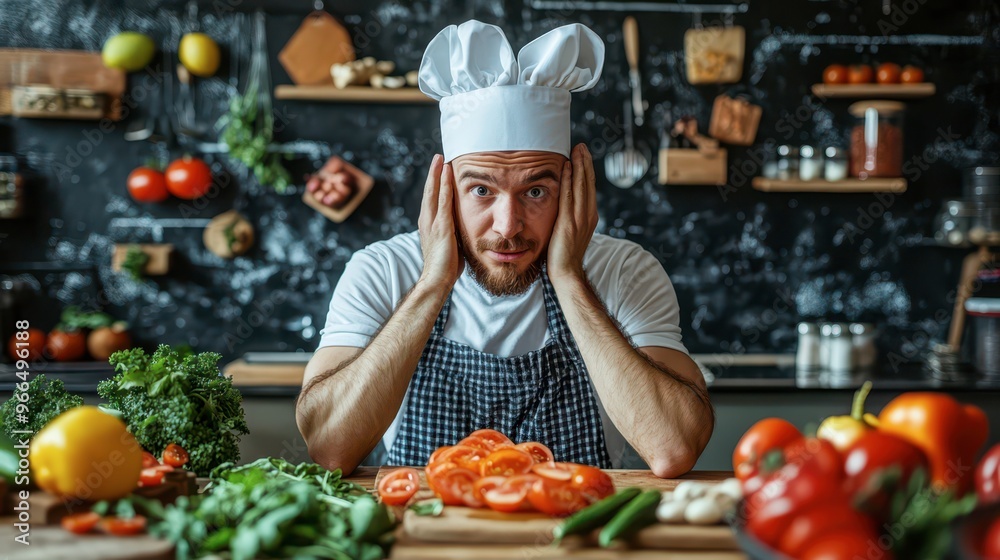 Frustrated chef surrounded by fresh vegetables in a busy kitchen Frustrated chef surrounded by fresh vegetables in a busy kitchen