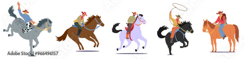 Group Of Cowboys And Cowgirls Ride Different Horses In Dynamic Action Poses. Some Are Holding Lassos