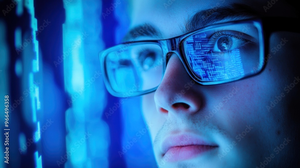 Young Man Wearing Glasses Gazing at Blue Light Young Man Wearing Glasses Gazing at Blue Light